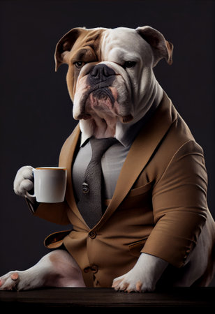 A bulldog wearing a suit and tie holds a cup of coffee. Generative AIの素材