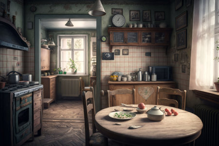 A kitchen with a table and a clock on the wall, Generative AIの素材