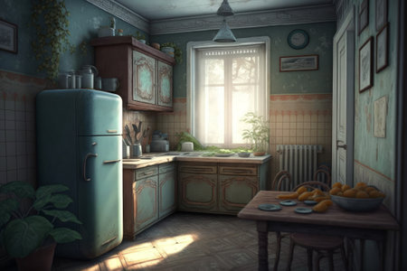 A kitchen with a table and a refrigerator with a plant on it. Generative AIの素材