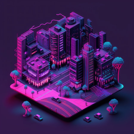 A digital illustration of a city with neon lights Generative AIの素材