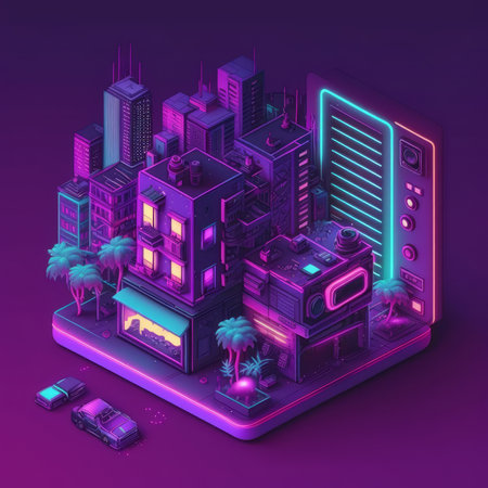 A digital illustration of a city with neon lights and a phone. Generative AIの素材