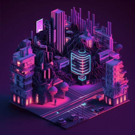 A digital image of a city with neon lights and a building with a tree in the middle. Generative AIの素材