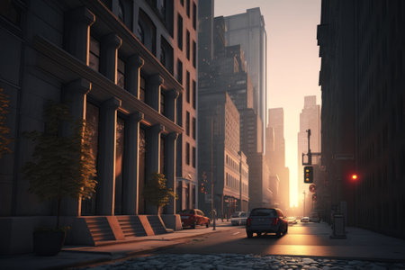 A city street with a car driving through it, Generative AIの素材