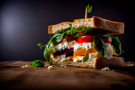 A sandwich with a black background and a light green leaf on it, Generative AIの素材