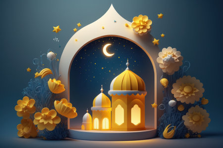 A paper cut art of a mosque with a moon and stars. Generative AIの素材