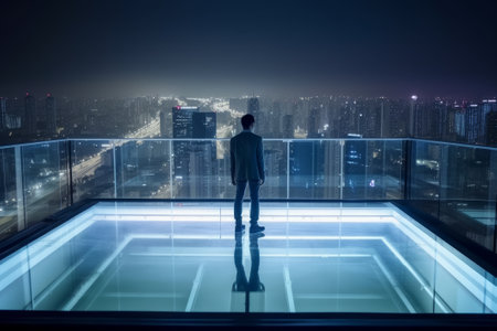 Businessman looking at night city from the top of a skyscraper, Generative AIの素材