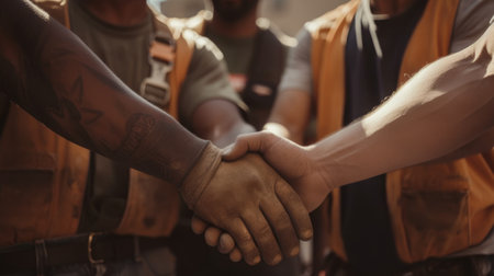 Close up of a diverse group of friends holding hands while standing outdoors, Generative AIの素材