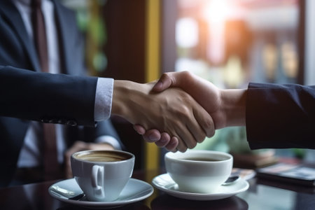 Business people shaking hands, finishing up a meeting. Closeup of business people shaking hands in a coffee shop. Generative AIの素材