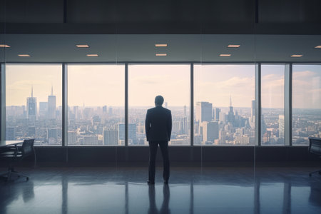 Businessman standing in office interior and looking at city view. Generative AIの素材