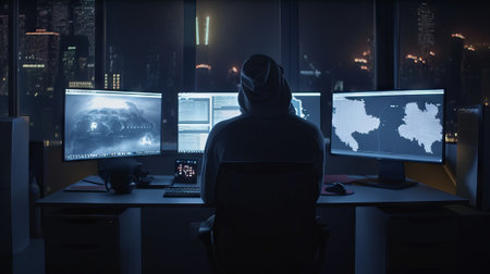 Crypto trader in a dark room with computer monitors and a city view, Generative AIの素材