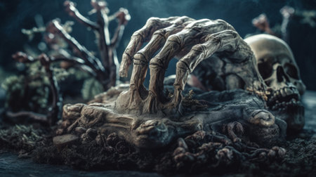 Scary halloween concept. Scary zombie hands on a dark background. Generative AIの素材