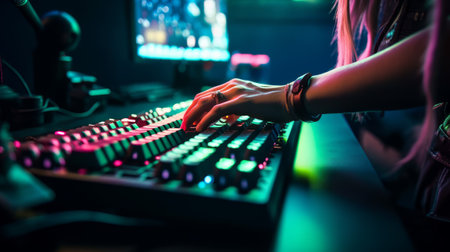 Close-up of female hands mixing music on dj mixer in nightclub, Generative AIの素材