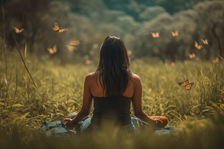 Young woman meditating in the meadow with a lot of butterflies, Generative AIの素材