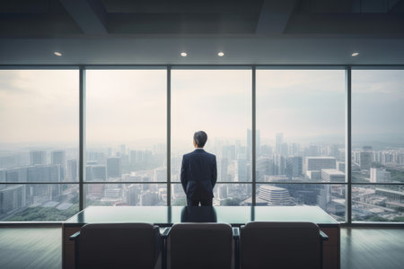 Businessman looking out the window of a modern office with panoramic city view, Generative AIの素材