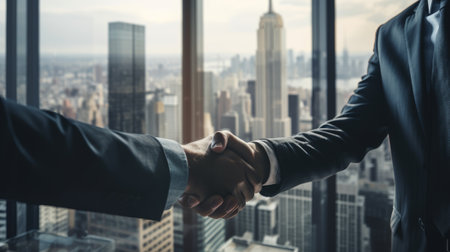 Close up of two business people shaking hands while standing in the office, Generative AIの素材