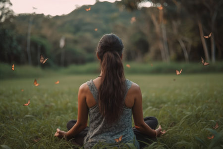 Young woman meditating in the meadow with a lot of butterflies, Generative AIの素材