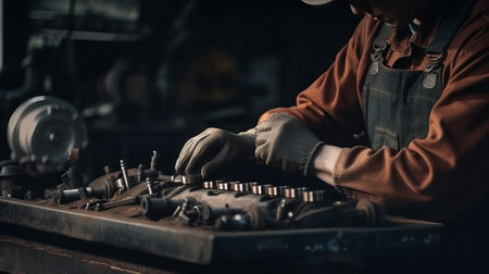 Industrial worker working on a machine in a factory. Selective focus. Generative AIの素材