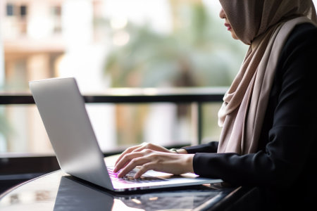 A Malay woman typing on a laptop in a cafe. Generative AIの素材