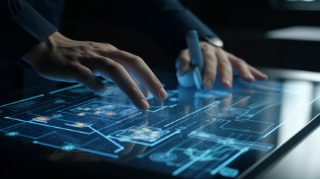 Close up of human hands working on tablet pc. Business and technology concept. Generative AIの素材