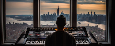 Man working on a recording studio with New York City skyline in the background, Generative AIの素材