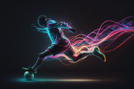 Soccer player in jump with ball and light effect on dark background, Generative AIの素材