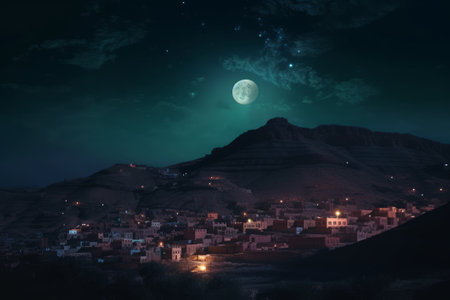 Moonlight over a village in the mountains at night with starry sky, Generative AIの素材