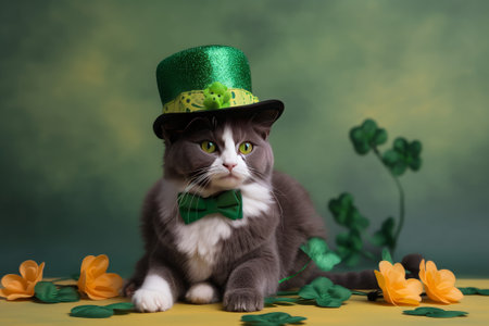 St. Patrick's Day. Cat in a green hat and a green bow tie sits on a yellow background with clover leaves. Generative AIの素材