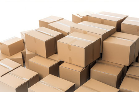 Cardboard boxes stacked on top of each other, isolated on white background, Generative AIの素材