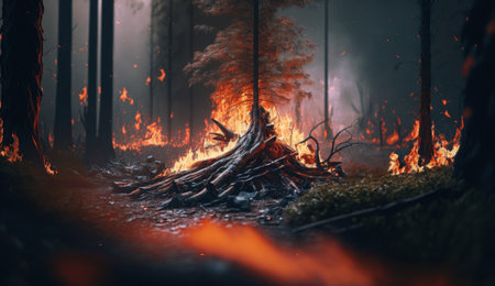 Forest fire. Burning dry grass and trees in the dark forest. Generative AIの素材