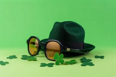 St. Patrick's Day background with green hat, sunglasses and clover leaves, Generative AIの素材