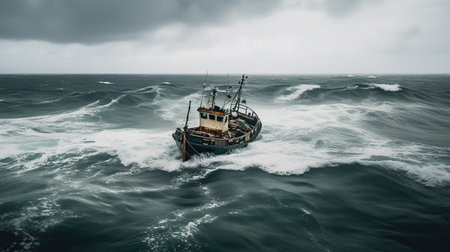 Fishing boat in stormy sea, panoramic view. Generative AIの素材