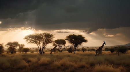 giraffe in the savannah of africa in the sunset, Generative AIの素材