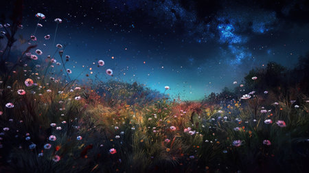 Fantasy landscape with grass, flowers and milky way. Generative AIの素材