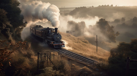 Steam locomotive on the railway in the foggy morning at sunset, Generative AIの素材