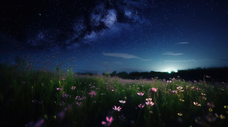 Night landscape with starry sky and beautiful flowers. Generative AIの素材
