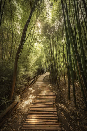 Wooden path through the bamboo forest, Generative AIの素材