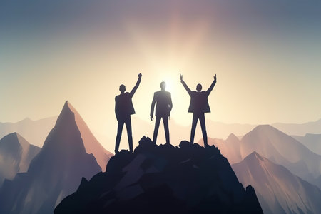 Silhouettes of business people standing on top of a mountain. Success concept, Generative AIの素材