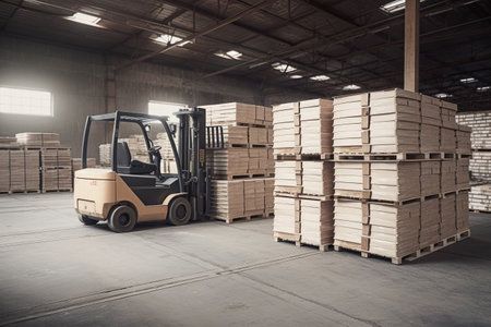 Forklift in warehouse. Forklift loader in warehouse. Industrial background, Generative AIの素材