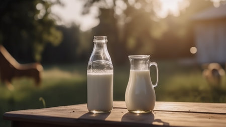 A bottle of milk and a jug on a wooden table in nature, Generative AIの素材