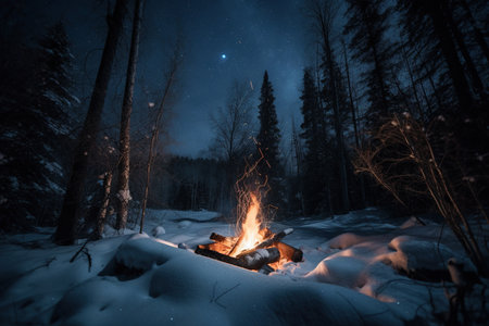 Bonfire in the winter forest at night. Beautiful winter landscape. Generative AIの素材