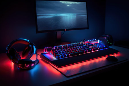 Computer monitor with headphones on table in dark room. Headphones and keyboard on table. Generative AIの素材