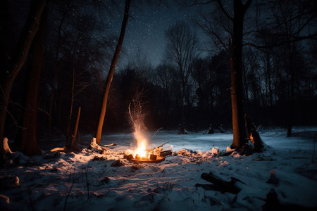 Bonfire in the winter forest at night with falling snow and stars, Generative AIの素材