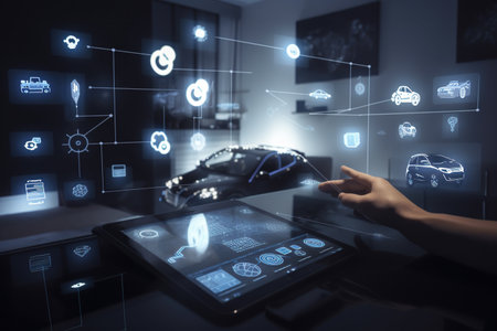 Man hand using tablet pc with car hologram on screen. Automotive concept. Double exposure, bGenerative AIの素材