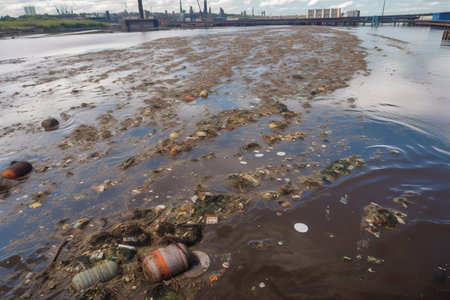 Polluted river with garbage, Generative AIの素材