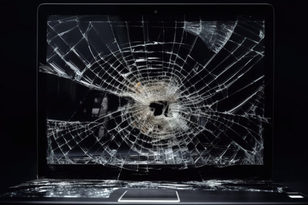 Broken laptop screen on a black background. Close-up. Generative AIの素材