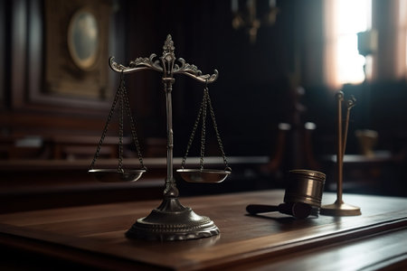 Law theme, mallet of judge, wooden gavel in courtroom, Generative AIの素材
