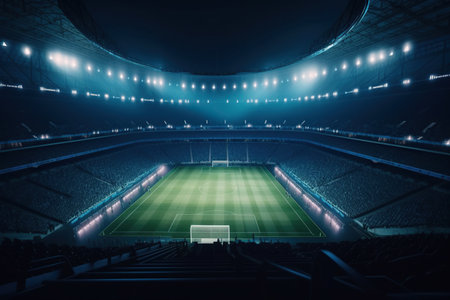 Soccer or football stadium with bright lights at night. Generative AIの素材
