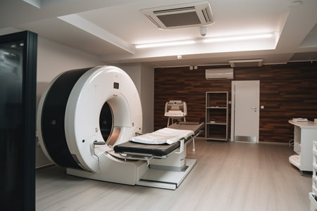 Medical equipment in modern hospital room. Magnetic resonance imaging (MRI) scanner. Generative AIの素材
