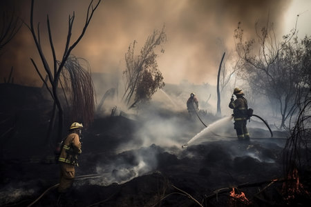 Firefighters extinguish a fire in the forest with smoke and flames, Generative AIの素材