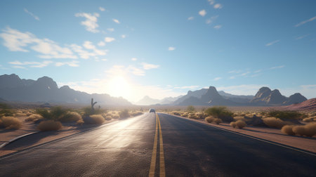 Road in the desert with mountains in the background. Generative AIの素材